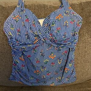 Lands' End Blue Gingham Tankini Top with Floral Accents